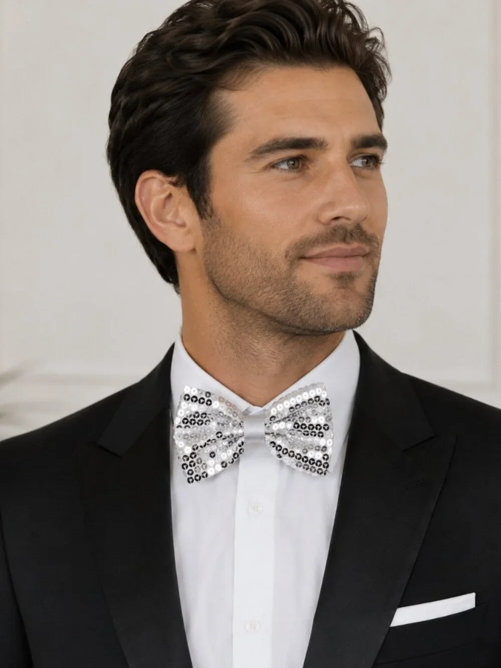 Bow Tie Banded Sequin Sparkle - Polyester - Silver - NWT
